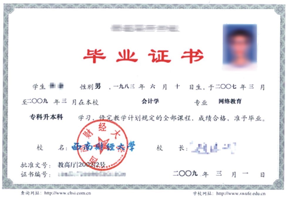 西南财经大学网络教育毕业证(2009版)